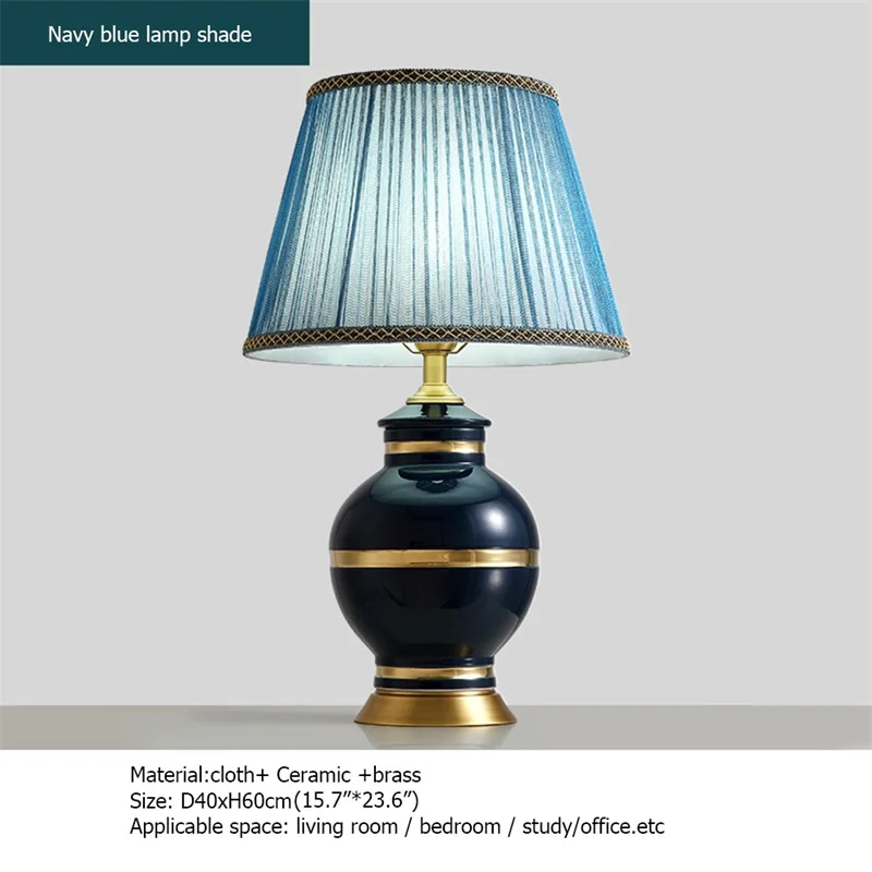 OURFENG Luxury Bedside Table Lamp Ceramic Blue Desk Light Copper Home Decorative for Living Room Office Bed Room Study