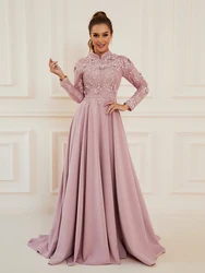 Long Sleeve Muslim Formal Dresses Pink Vintage High Neck Luxury Lace Appliques Spandex Satin Evening Dresses With Train