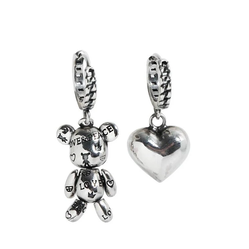 Pendientes de aro de Color plateado para mujer, aretes asimétricos de oso pequeño, corazón de amor, joyería de fiesta, accesorios Vintage