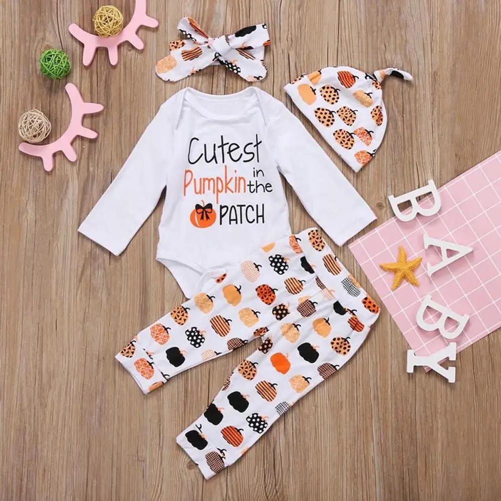 3Pcs Halloween Clothes Cute Infant Baby Girl Boy Pumpkin Romper with Hat and Long Pants Outfits Set