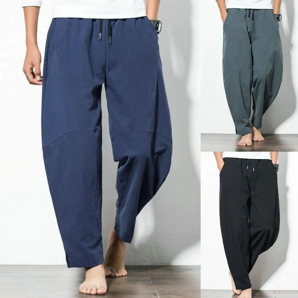 Men Pants Solid Color Loose Skin-friendly Men Straight-Legs Linen Pants for Home