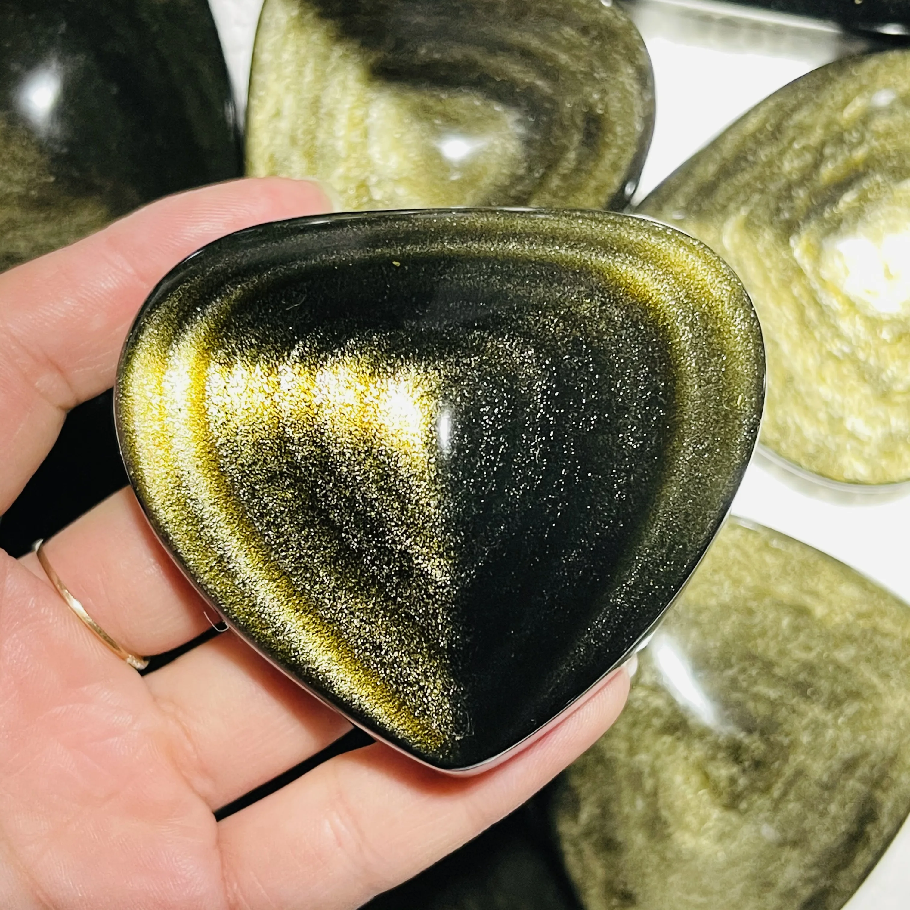 Natural Gold Obsidian Cat Eyes Quartz Crystal Heart Healing Decor Gift