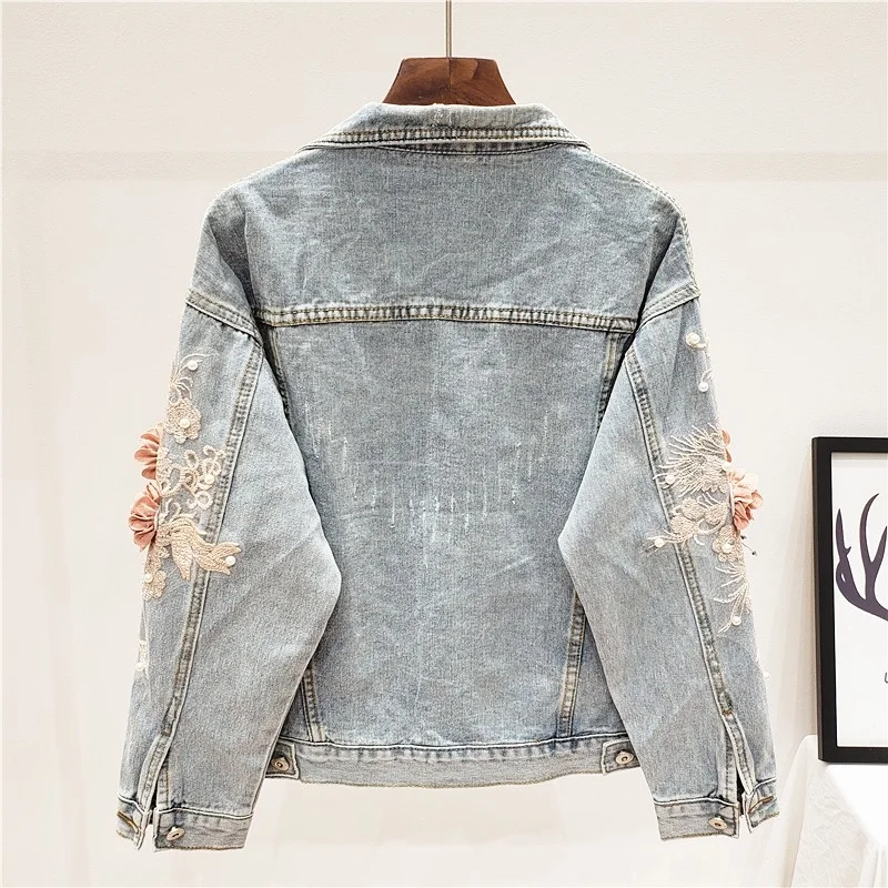 

Women Autumn Flower Embroidery Loose Fit Denim Jacket Short Long Sleeve Fashion Ladies Hip Hop High Street Jean Outerwear Coat