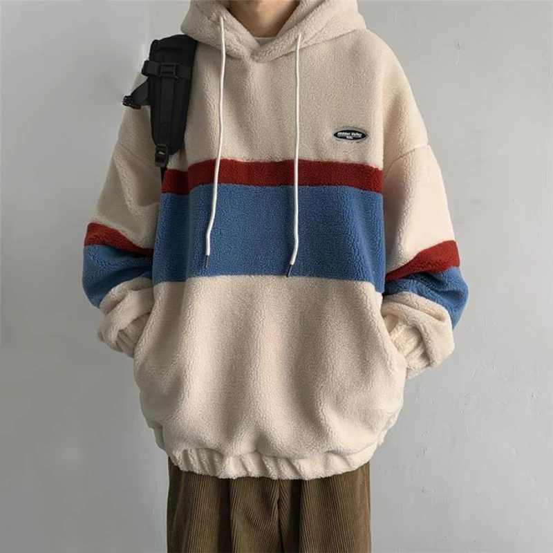 Warm Hooded Sweatshirt Men Autumn Winter Loose Lamb Wool Hoodies Fashion Korean Street Style Color Patchwork Pullover Thick Tops