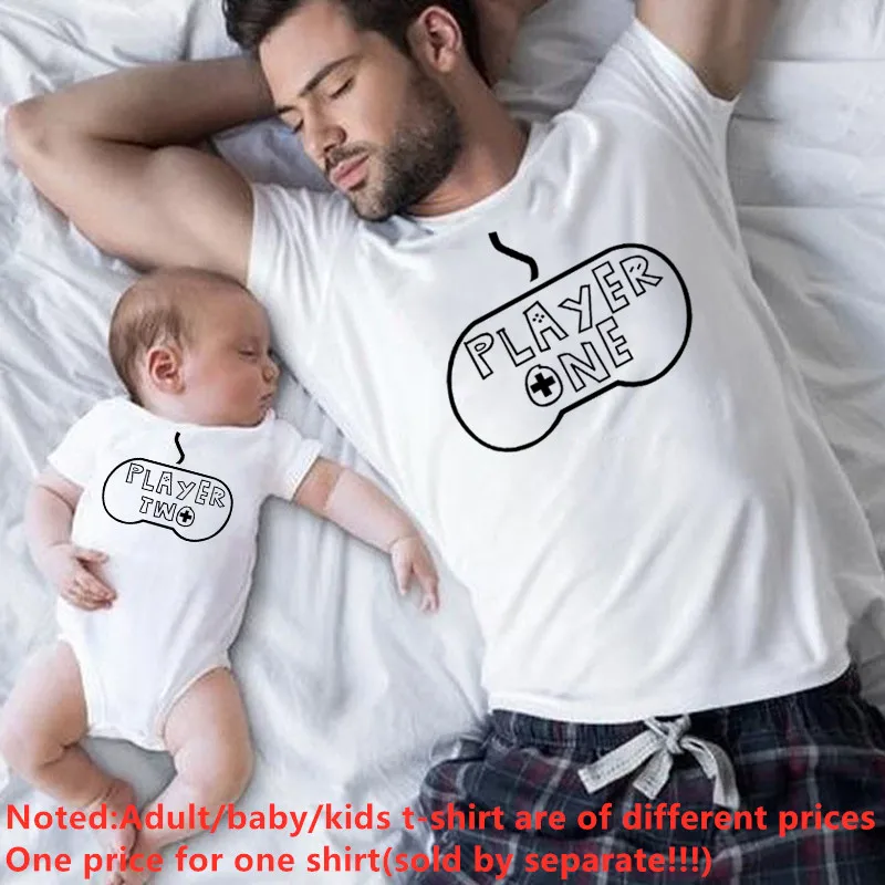 Player One Player Two Gamer Matching Father and Son Clothes Baby Bodysuit and Dad Tshirt Christmas Fathers Day Gift Drop Ship