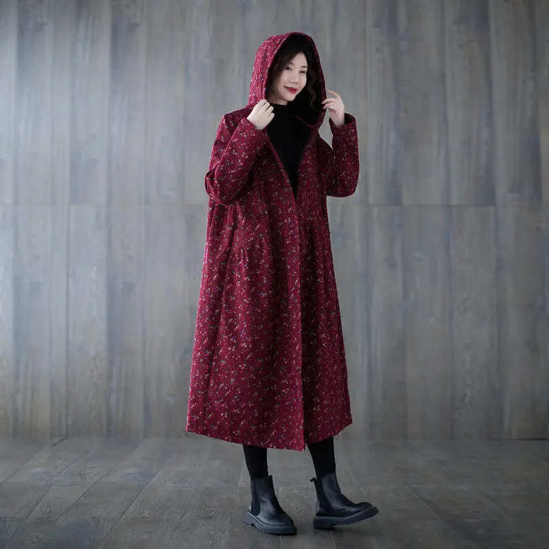 Women Fleece Autumn And Winter Cotton And Linen Jacket Small Floral Plus Velvet Warm Hooded Windbreaker Coat Long Abrigos M1547