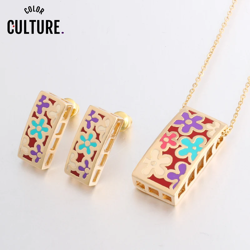 

Color Culture New Brand Beautiful Geometry Color Pendant/Earrings for Women Costume Gilded Enamel Jewelry Sets Creative Gift