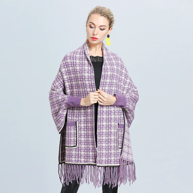 Mink Elegant Plaid Cloak Women Winter Knitting Poncho Tassel Capes for Women 2020 New Fashion Loose Capes Lady Fashion Ponchos