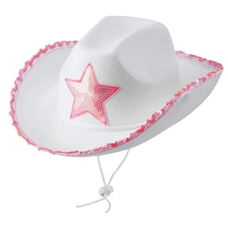 Retro White Felt Cowgirl Hat with Pink Star Western Cowboy Hat SunProtect Party Cap Christmas Halloween Costume Accs Dropship