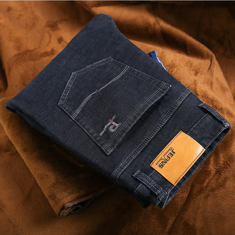 

Plus Size 42 44 46 Winter Men Winter Warm Jeans Business Fashion Regular Fit Stretch Fleece Thick Trousers Male Brand Black Blue