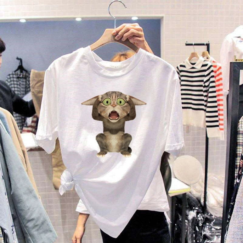 

Cartoon Cat Print Women T Shirt Summer Casual Short Sleeve Funny t-shirt Ladies White Tops Tee Shirt HH298