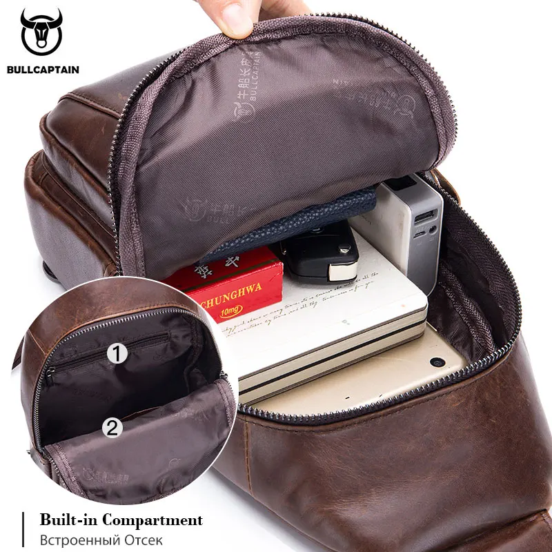 BULLCAPTAIN-Bolso de pecho de cuero genuino para hombre, bandolera multifuncional para teléfono móvil, a la moda