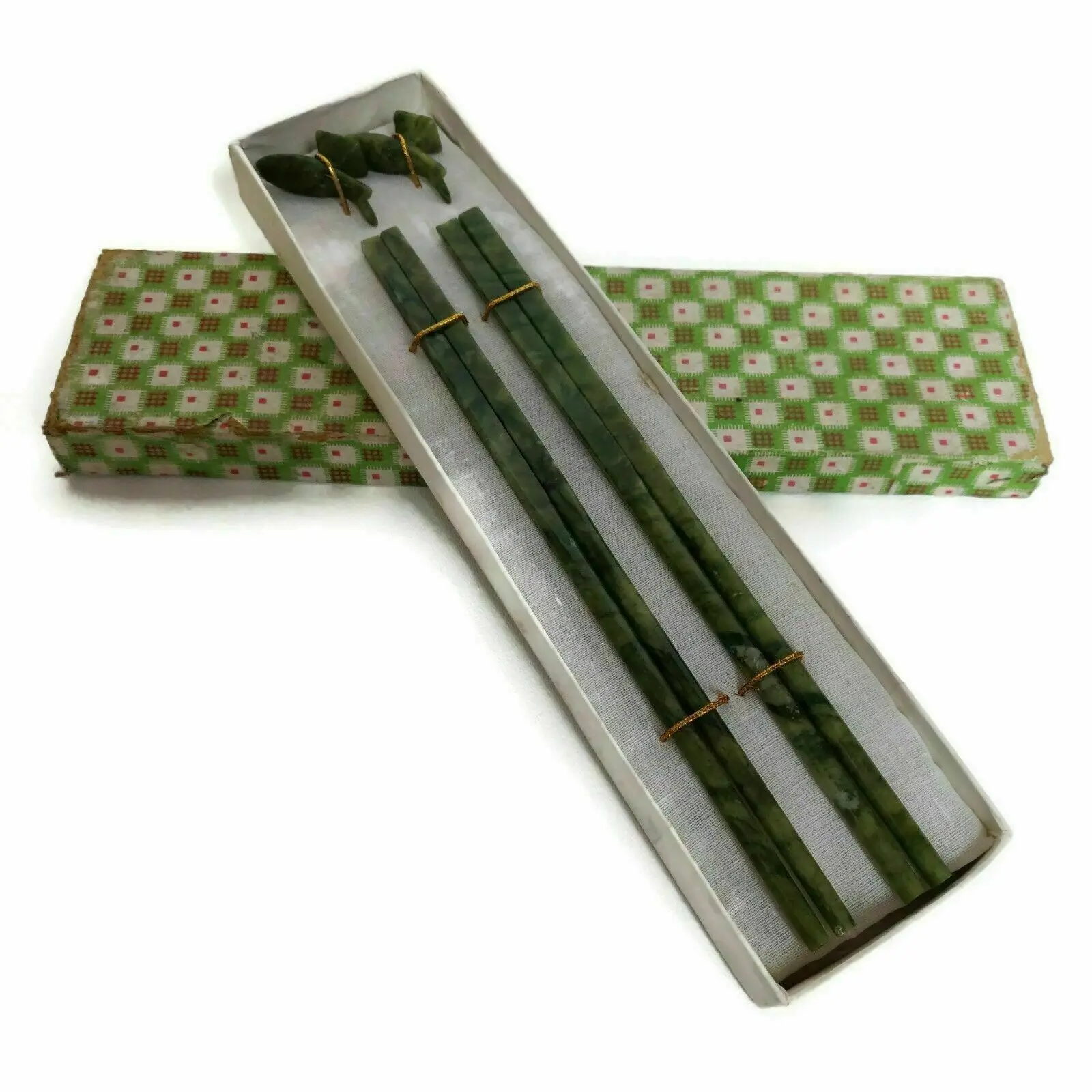 천연 옥 중국산 젓가락, 연옥, 스피치 W + 물고기 받침대, 빈티지, 2 쌍