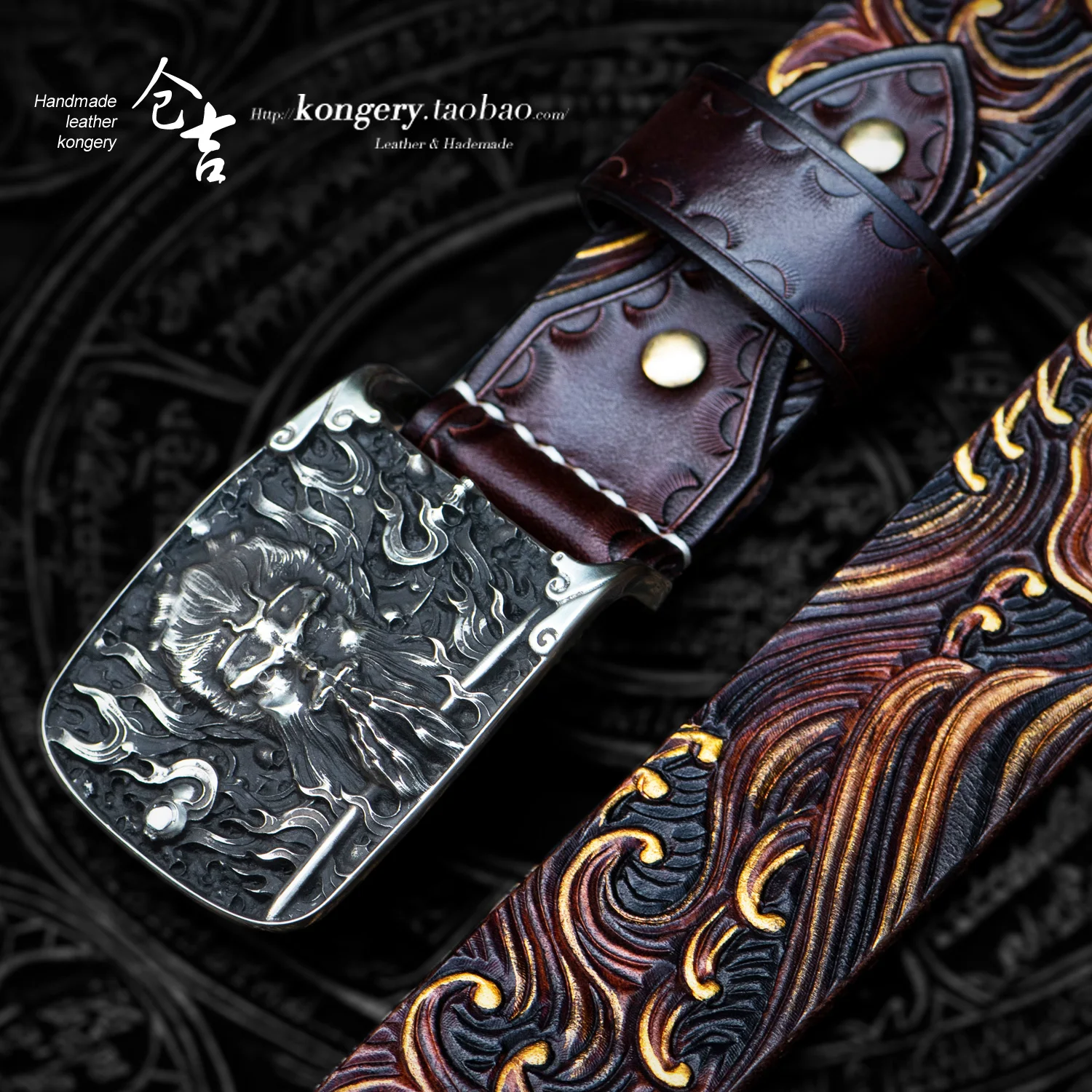 

★★handmade belt men's copper buckle anti allergy leather carved Monkey King wave pattern belt cow leather pants belt