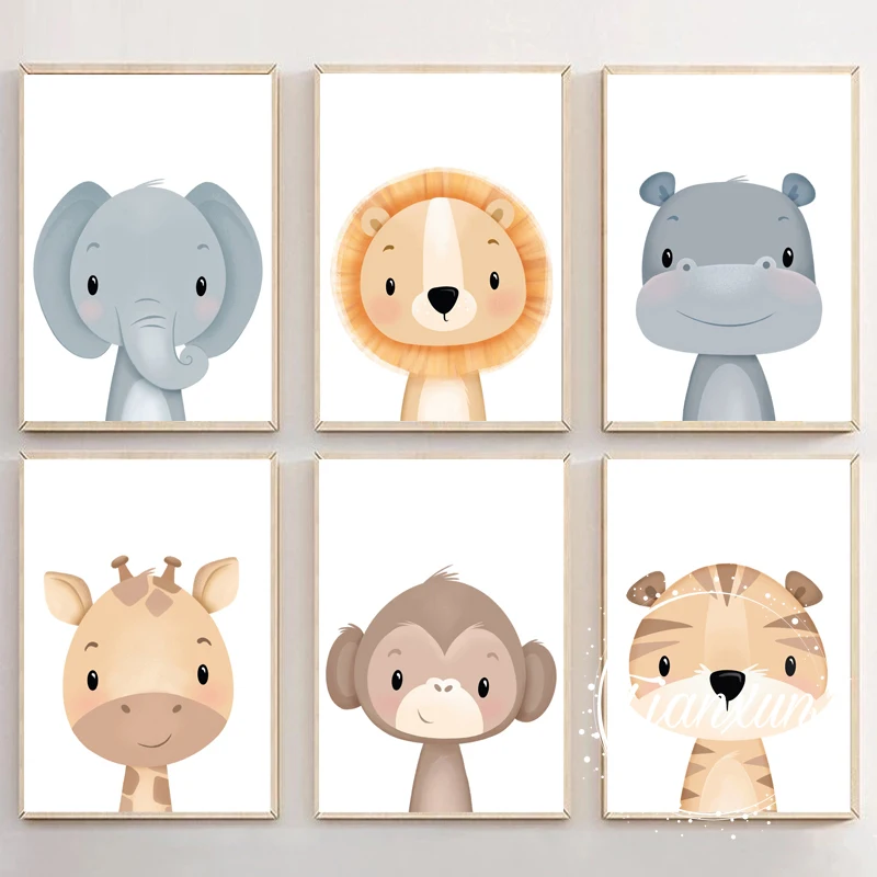 Cute Cartoon Animal Decorative Picture Lion Baby Elephant Children's Room Kindergarten Canvas Painting Wall Art Kids Room Decor