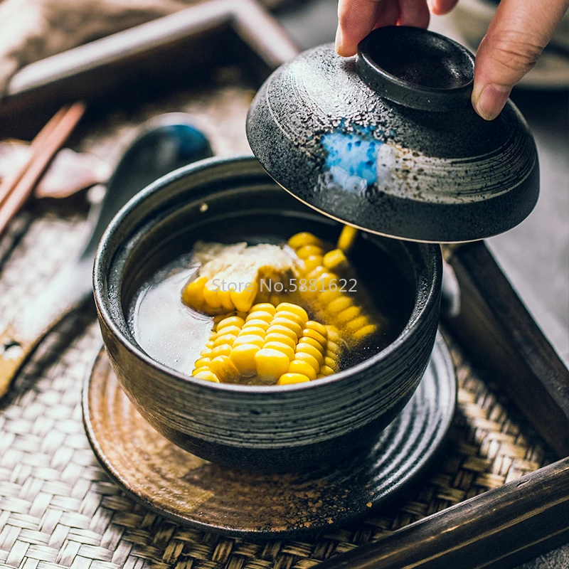 Japanese Style Soup Cup Ceramic Stew Cup with Lid, Spoon and Bottom Dish Set Restaurant  Soup Pot Small Soup Cup Dessert Cup