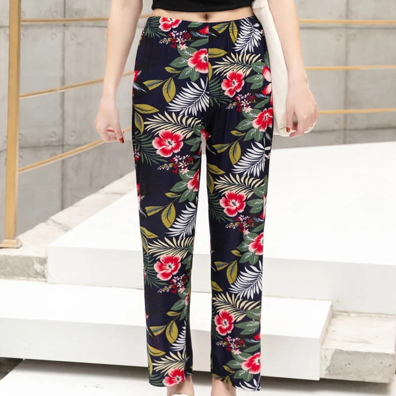 Summer Pants 2023 New Women Casual Loose Thin Straight Pants Slim High Waist Floral Print Trousers Beach Capris Ladies Clothing