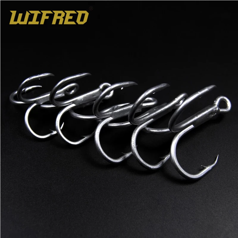 Wifreo 2PCS Strong Wire Silver Grey Color Round Bent Treble Hooks Saltwater Fishing Treble Hooks 3/0 4/0 5/0 6/0 7/0