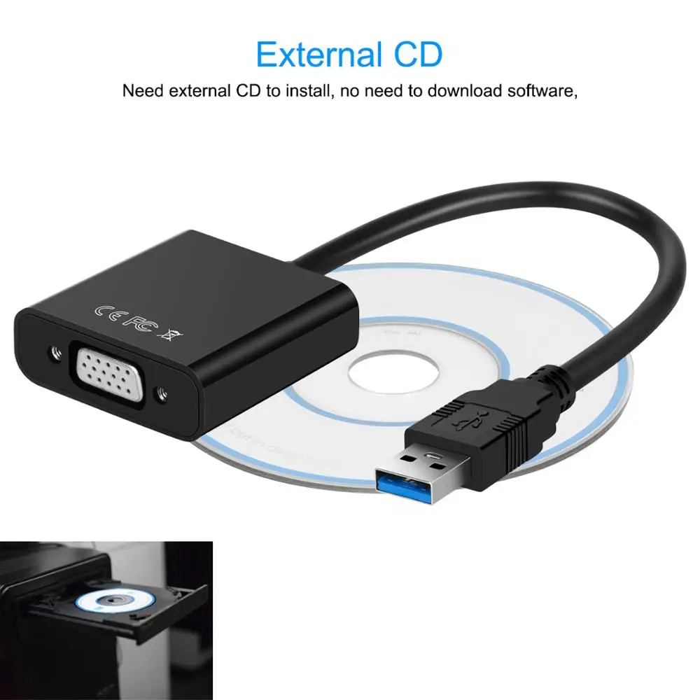 

USB 3.0 to VGA External Graphic Card Video Converter Adapter for Win7/8/10 1080P 20cm Cable Driver CD White Black Blue