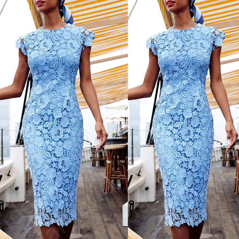 Latest Elegant Sky Blue Lace Mother of the Bride Dresses Jewel Neck Cap Sleeves Wedding Party  Tea Length  Dress