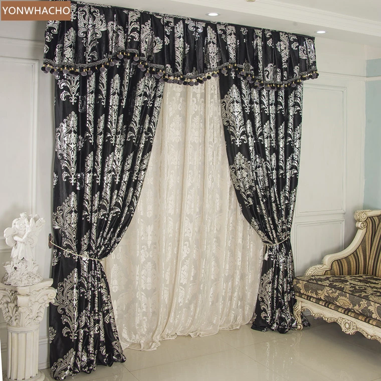 Custom curtains High-grade bronzing velvet black velvet European silver flower cloth blackout curtain tulle valance drape B912