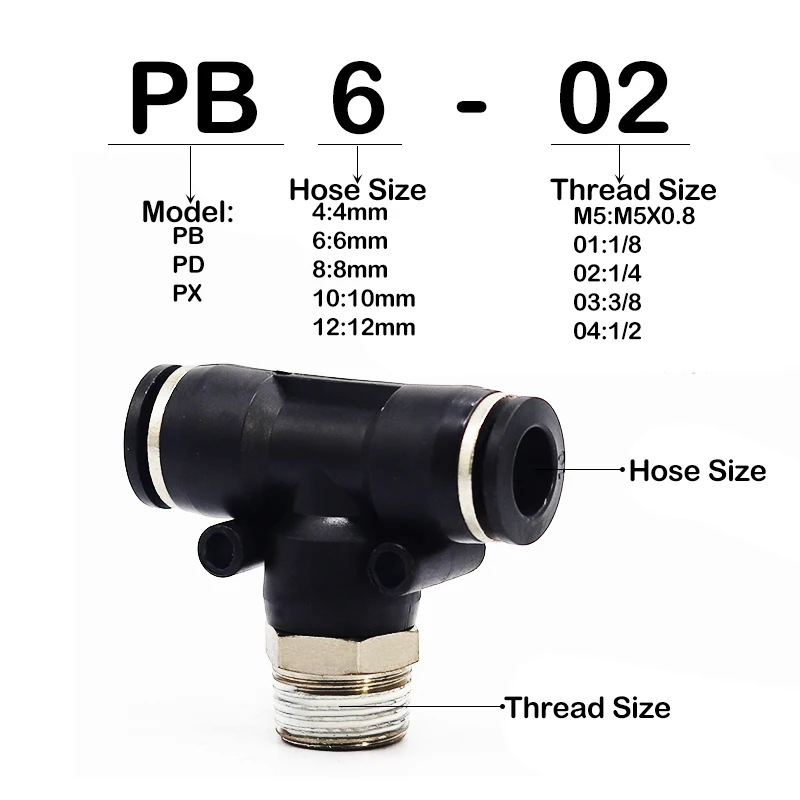 High Quality 1PCS Three-Way Threaded Quick Plug PB/PD/PX 4mm, 6mm, 8mm, 10mm, 12mm Trachea Quick Connector