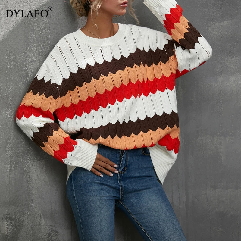 Striped Sweater Color Matching Wavy Pattern Knit Pullover Sweater Casual Women's Autumn Winter Warm Top Elasticity Breathe Reely