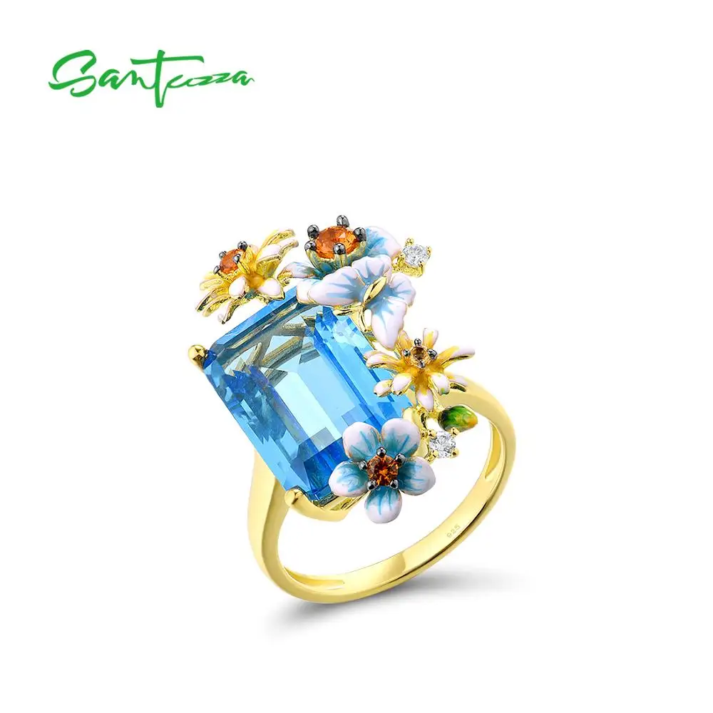 

SANTUZZA 925 Sterling Silver Rings For Women Gold Color Shiny Blue Stone Handmade Enamel Delicate Flowers Butterfly Fine Jewelry