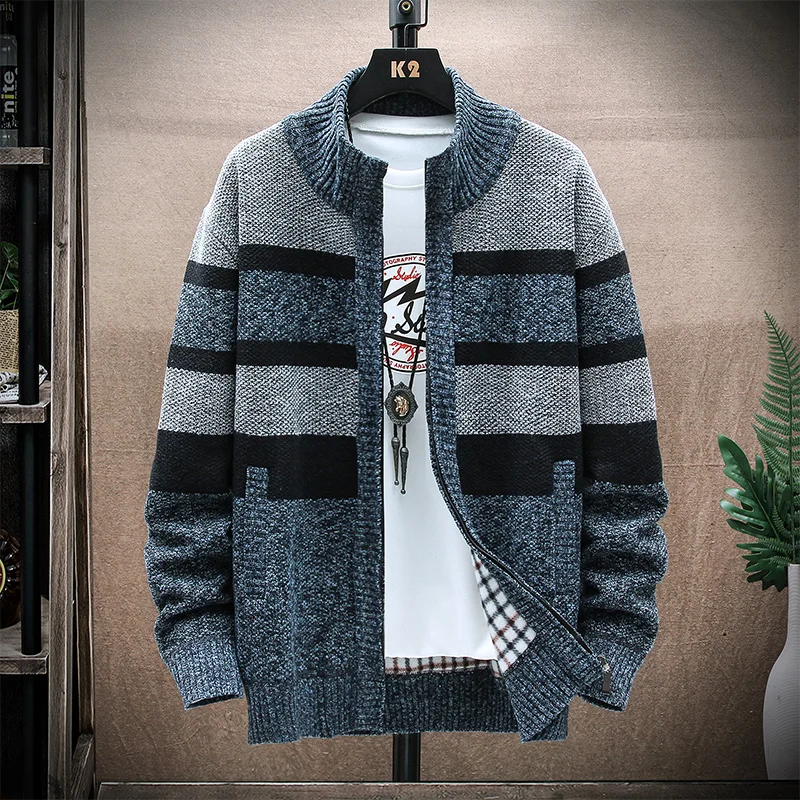 Men\'s Winter Striped Sweater Cardigan Man Patchwork Sweaters Coat Fleece Thick Warm Knitwear Zip Up Coat  Male Jacket