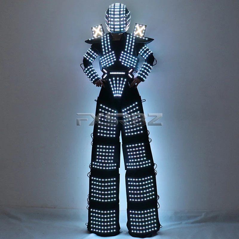 Trajes LED Robot Costume RGB Change Color LED Clothing Helmet Stilts Walker Robot Suit With Laser Gloves