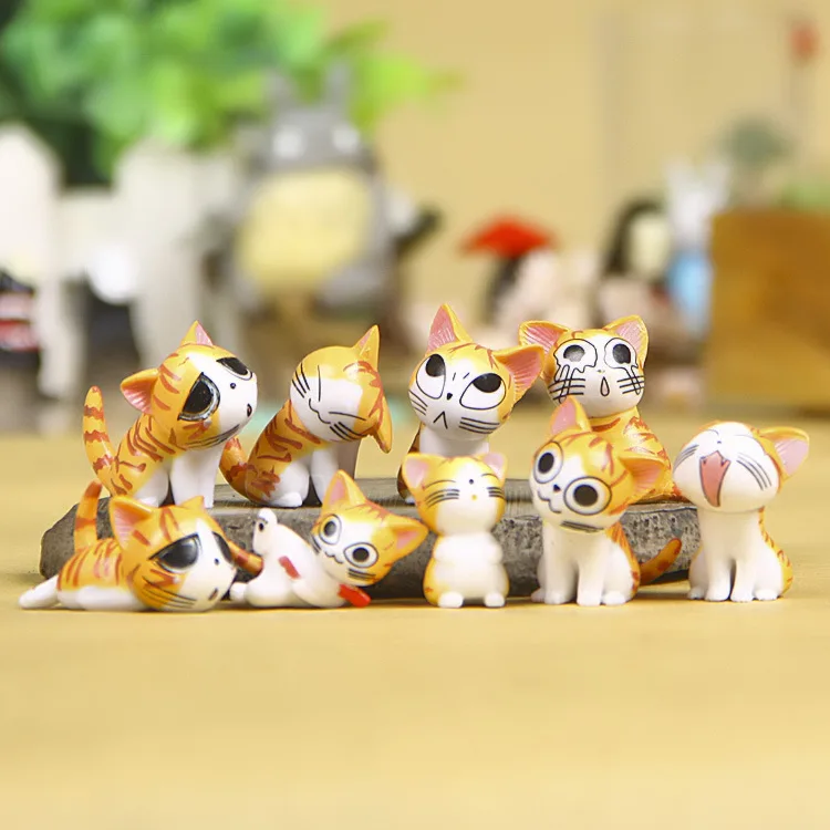 9pcs Kawaii Cheese Cats Kitty Statue Miniatures Resin Kitten Cat Figurines Mini Garden Figures Decoration for Home Kids Toys