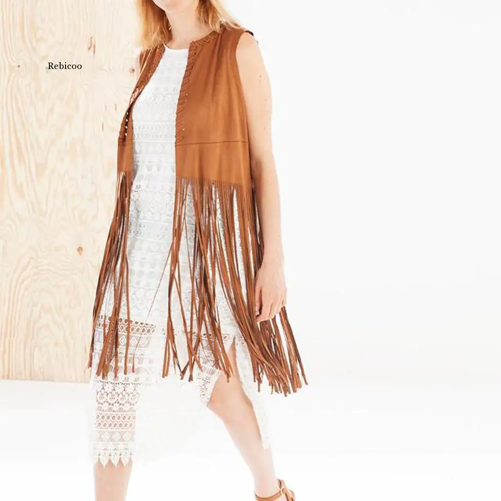 Women's Vest Coat Autumn Winter Velour Suede Ethnic Tassels Fringed Vest Cardigan Ladies Sleeveless Streetwear vests