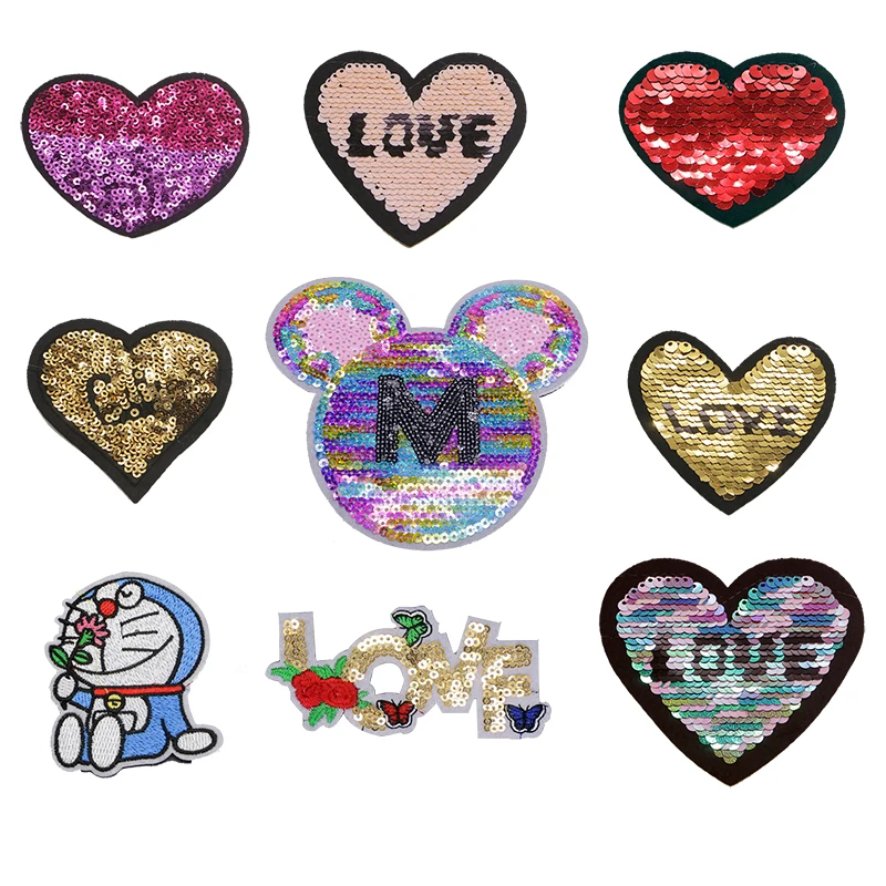 Cute Cartoon Sequin Embroidery Sewing Patch Heart Love Cat And Mouse Ironing Heat Transfer Stripe Badge Clothing Bag T-shirt DIY