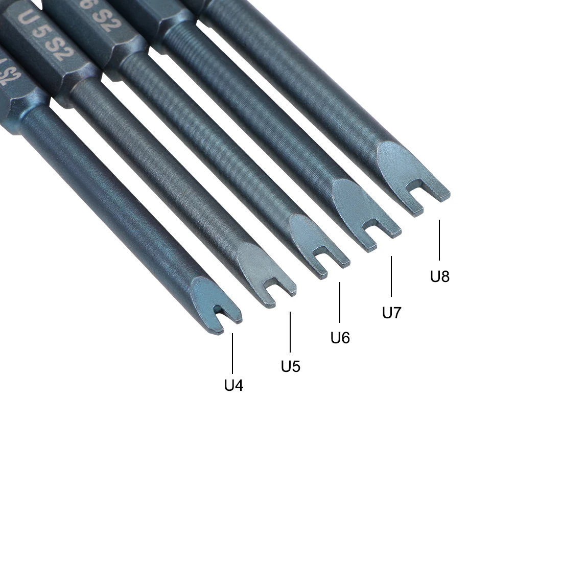 uxcell U-Shaped Bits Set 5pcs 1/4 Inch Hex Shank Magnetic U4 U5 U6 U7 U8 Screwdriver Bit Set 65mm Length S2 Screw Driver Kit