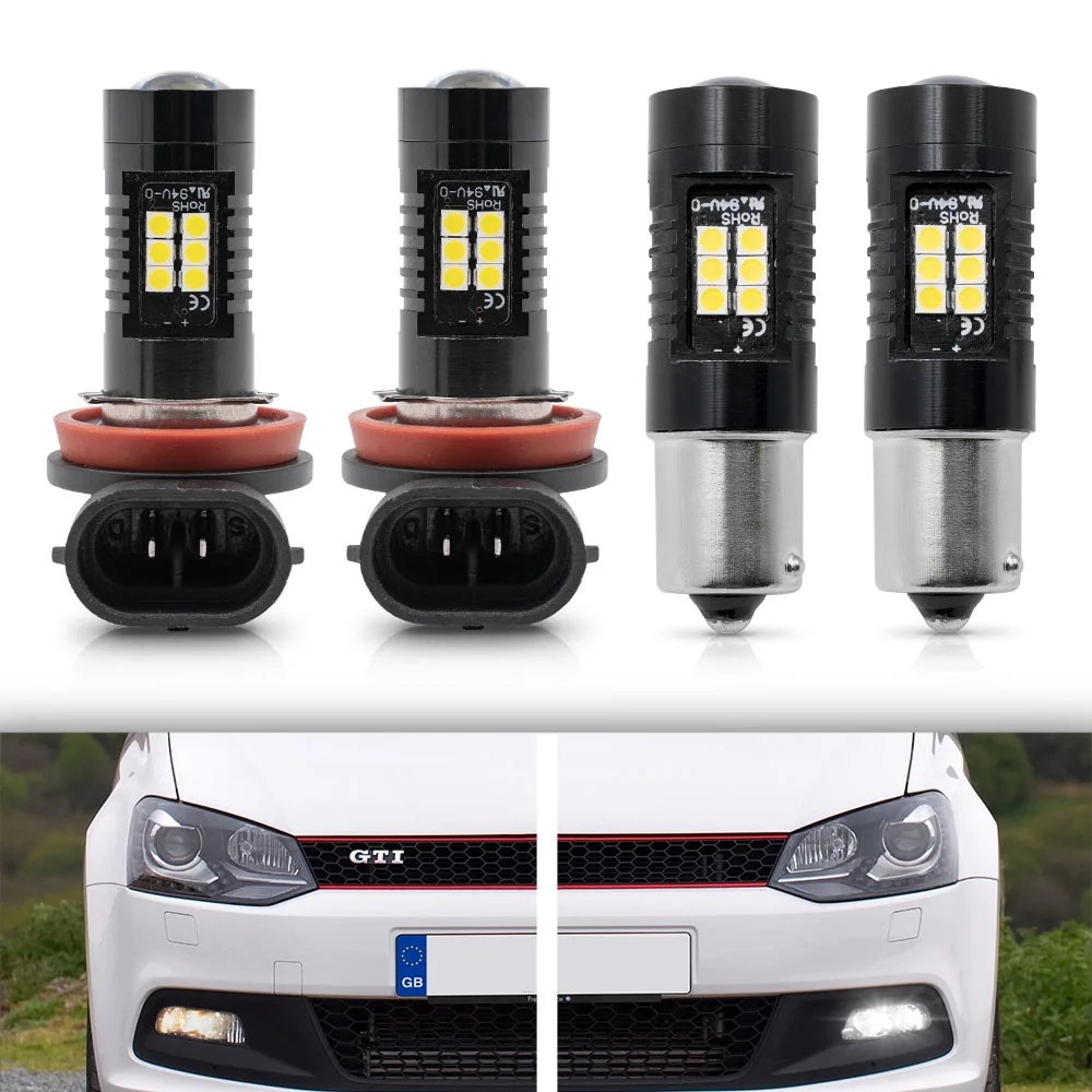 

2Pc P21W 1156 BA15S DRL LED Daytime Running Light + 2pc LED Foglight Bulb For 09-17 VW Polo Mk5 Gti Hatch 6R 6C 61 Update White