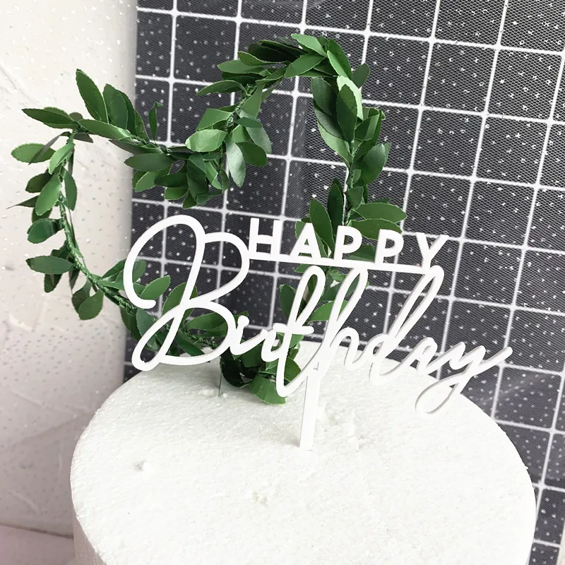 Concise White Birthday Cake Topper Golden Acrylic Happy Birthday Cupcake Toppers Family Birthday Party Cake Flag Dessert Decor