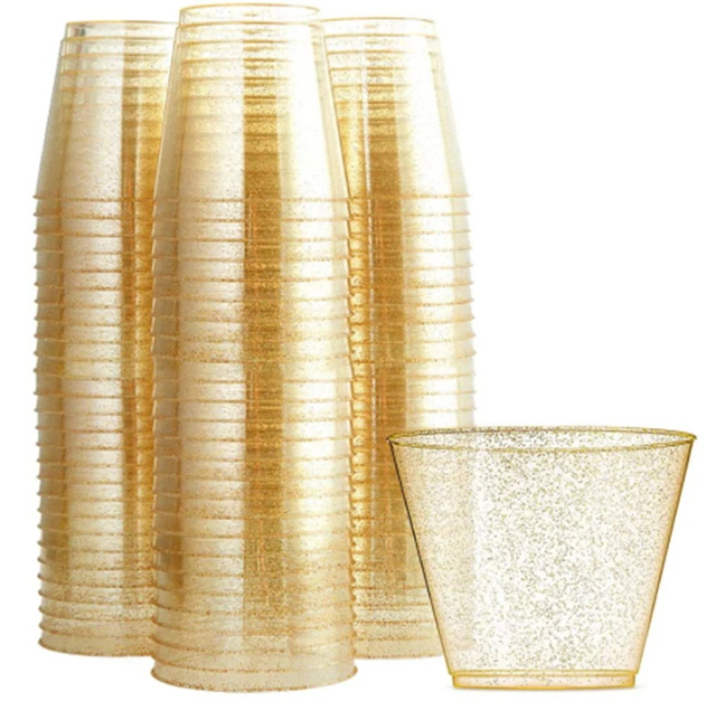 

25pcs Disposable Gold Glitter 9OZ Plastic Cups Clear Plastic Tumblers Wedding Thanksgiving Christmas Party Cups