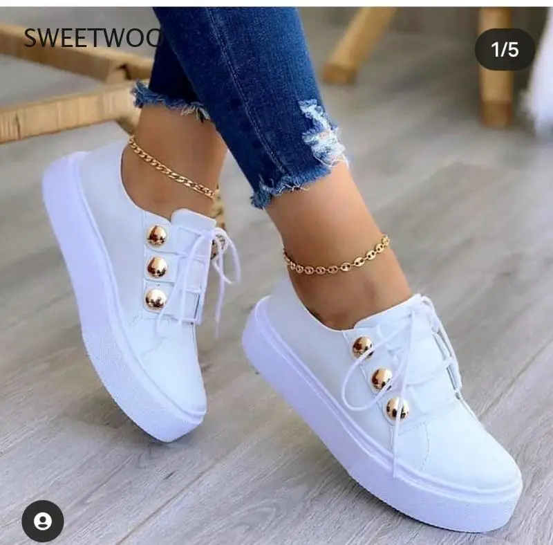 Women's Sneakers White PU Leather Canvas Lace-up Thick Sole Breathable Casual Spring and Autumn Shoes