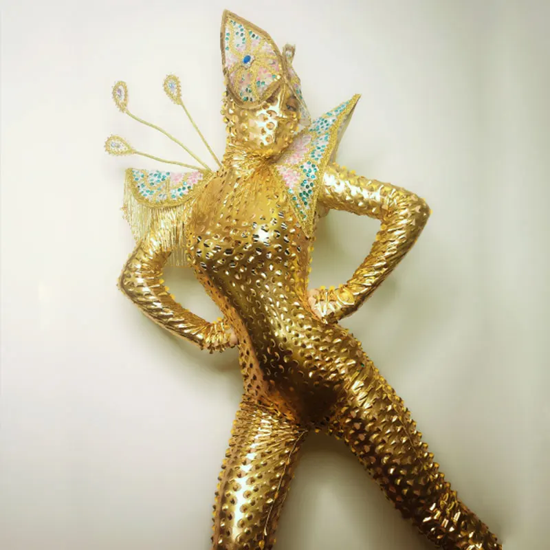 Golden alien costume future warrior stage  show sexy holloween Jumpsuit Performance Outfits Bar Nightclub GOGO Rompers