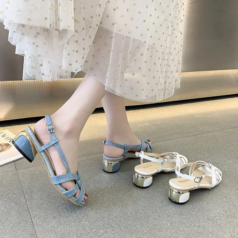 New Summer Middle Heel Sandals Women Fashion Peep Toe Leather Party Shoes Woman Comfort Casual Buckle Strap Square Heel Sandals