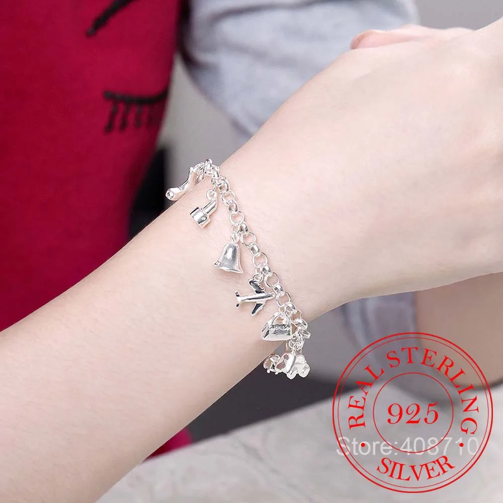 Pretty Bracelets 925 Sterling Silver AAA Zircon Crystal Bracelets 12 Pendants Charms Bangles For Woman New Fine Jewelry