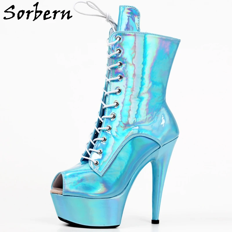 Sorbern Holographic Boots Women 15Cm Spiked Heel Open Toe Shoes Hand-Made 4Cm Platform Multi Colors Stripper Heels