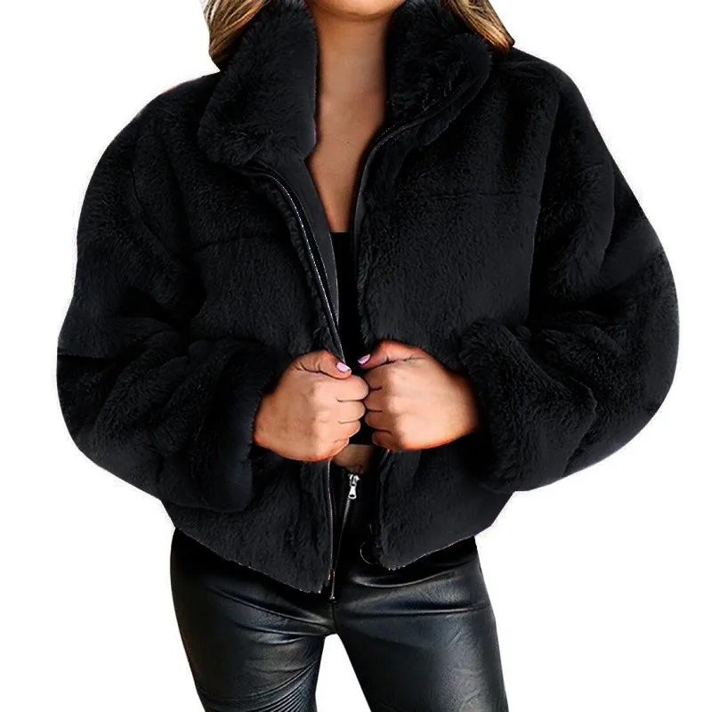 Vintage Women Warm Jacket 2022 Winter Fashion Fluffy Solid Color Turn-down Long-sleeved Plush Zipper Coat Casual Loose Outerwear