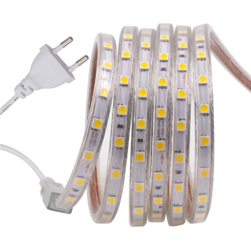 AC 220V LED Strip 60LEDs/m 5050 IP67 Waterproof Outdoor Decoration Red Green Blue Yellow White Flexible Ribbon Tape LED Strip