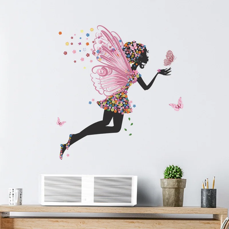 The Nordic color Butterfly flower fairy girl dancing bedroom porch wall decoration wall stickers self-adhesive room decoration