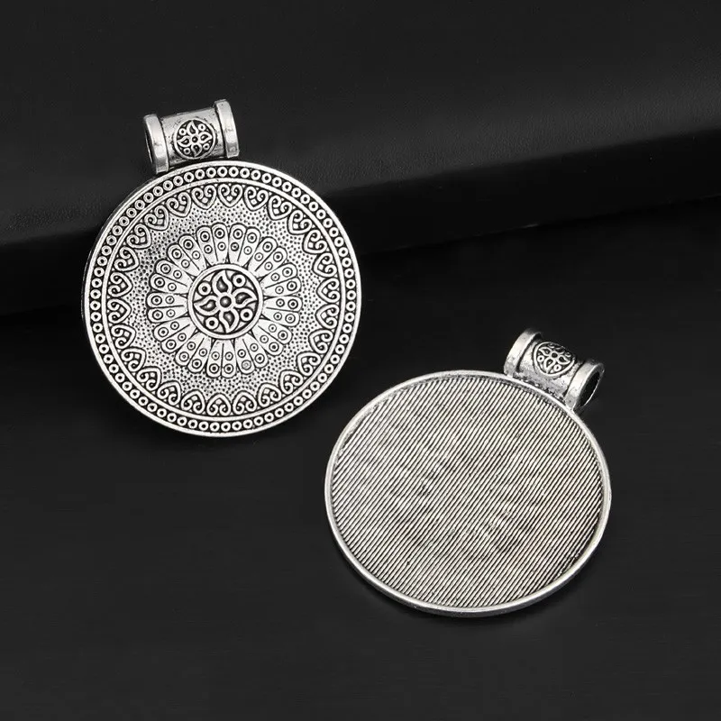 5pcs Silver Color 43x36mm Big Round Circle Charms Ethnic Style Pattern Pendant Fit DIY Jewelry Making Handcrafted Accessories