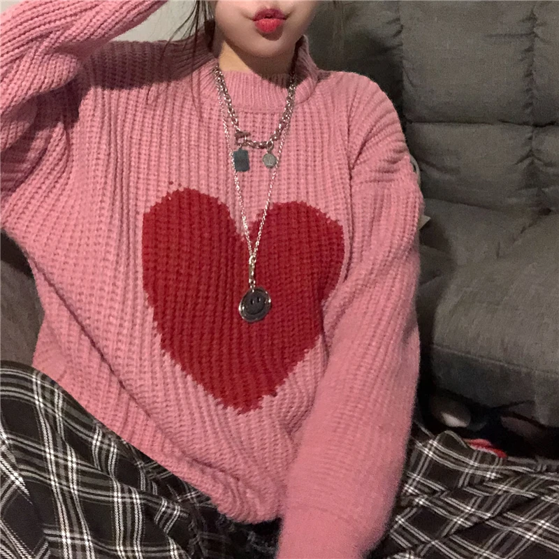 2021 Winter New Sweet Heart Pattern Sweater Retro Harajuku Style Full Sleeve Pullover Loose Knit Casual Sweater