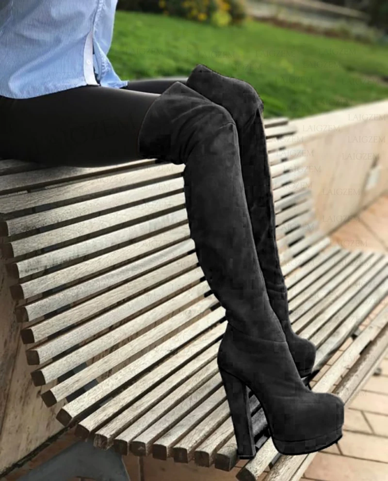 BERZIMER Women Over Knee High Boots Black Faux Suede Square Heels Tall Boots Side Zip Shoes Woman Laigzem Big Size 38 42 46 52