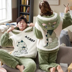 Ensembles de pyjamas de dessin animé de dinosaure pour couples, sweats à capuche doux et chauds, vêtements de nuit épais pour femmes et hommes, vêtements d'intérieur coréens pour amoureux, hiver