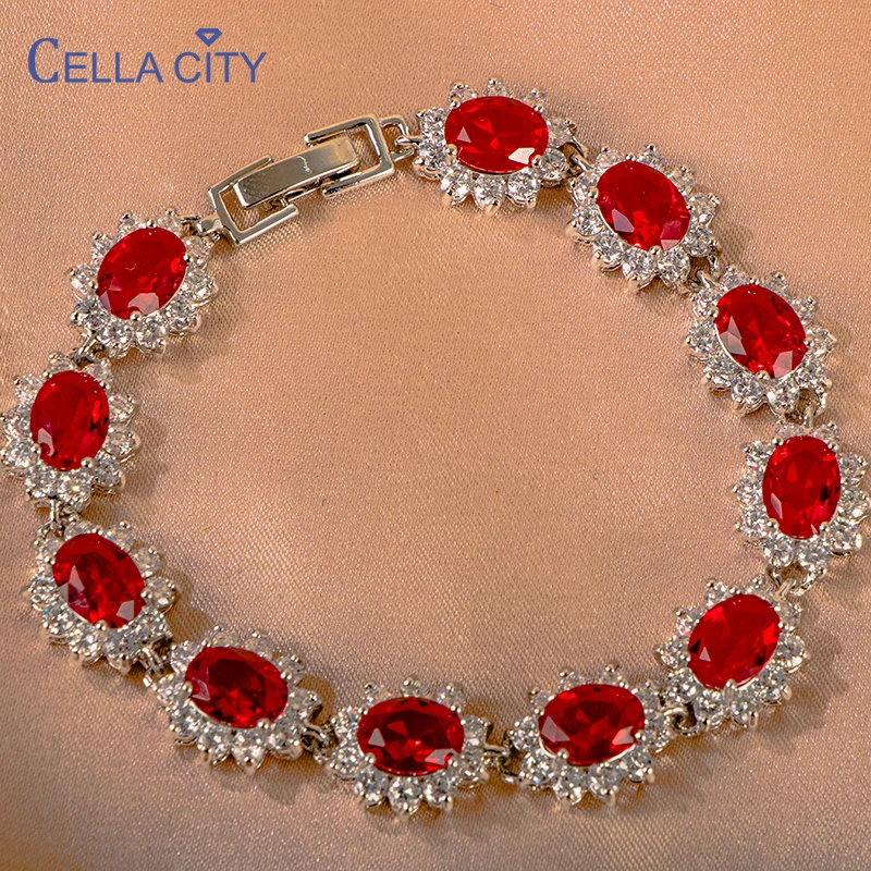 Cellacity Silver Ruby bracelets for women silver 925 jewelry bracelet with oval shape ruby gemstones 5a zircon fine jewelry gift